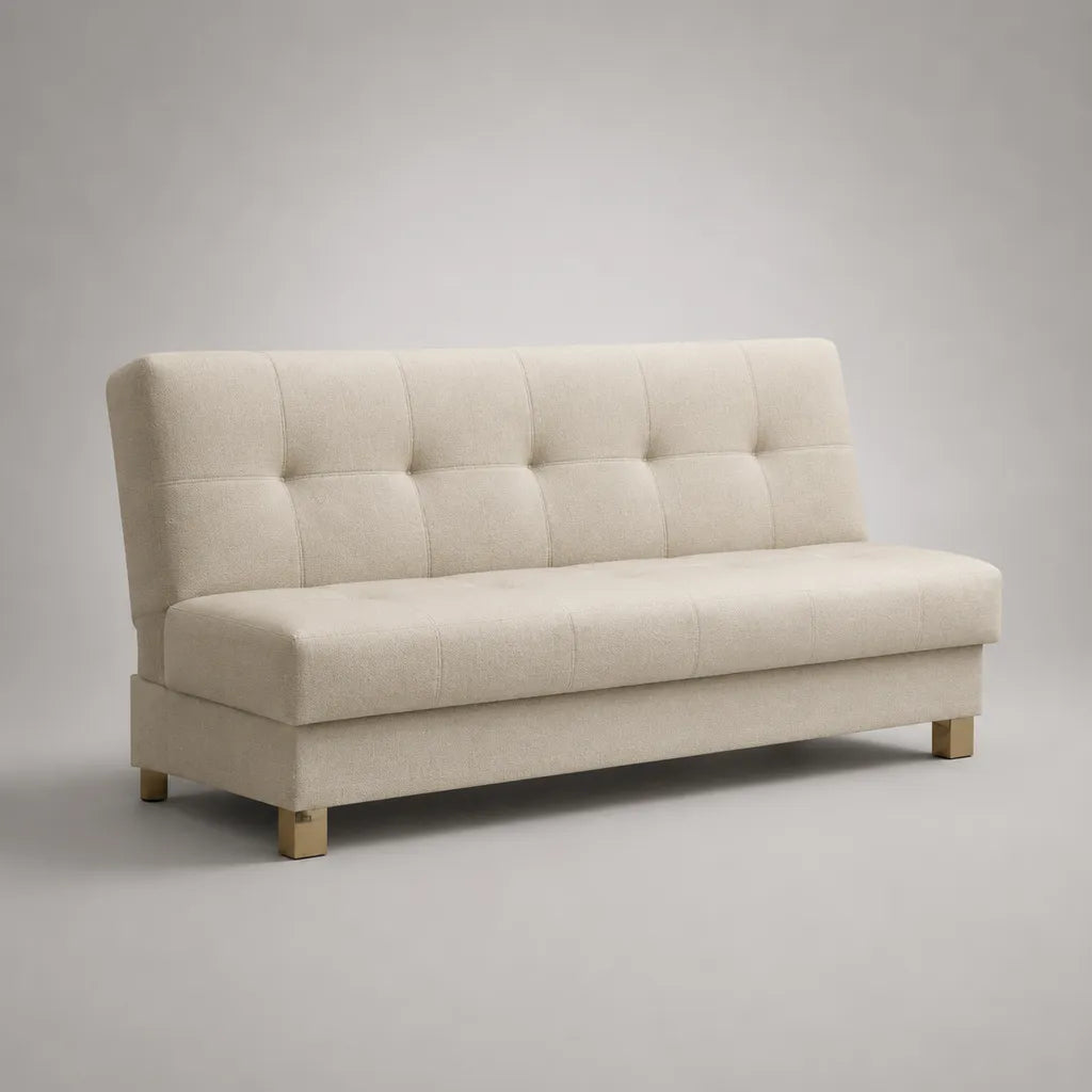 Canapé 3 places sans bracelet en polyester-bouclé avec matelas, crème et couleurs en laiton, 180 × 80 × 84 cm