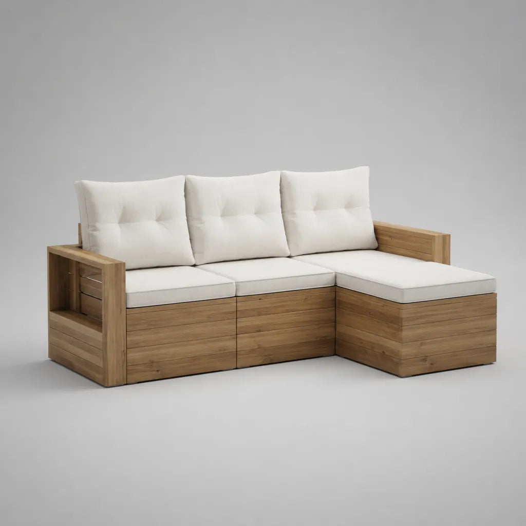 Barbecue de jardin 3 pièces en bois massif d'acacia avec rembourrage en polyester, forme L à droite, bois naturel et blanc cassé, 215 × 145 × 80 cm