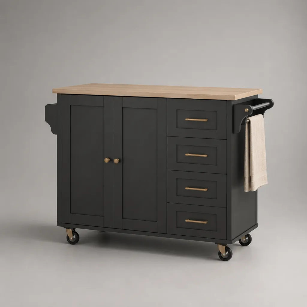 Chariot de cuisine en bois et MDF avec plan de travail, 4 tiroirs, 2 portes, porte-serviettes et roulettes, noir/nature, 120 × 45 × 90 cm