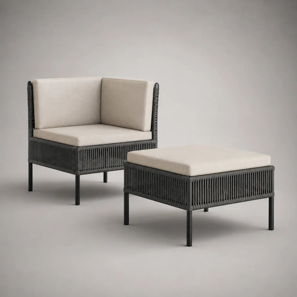 Lot de 2 pièces – Canapé-jardin en acier et rotin en PE, anthracite et beige, chaise d'angle 78 × 78 × 76 cm et tabouret 78 × 62 × 43 cm