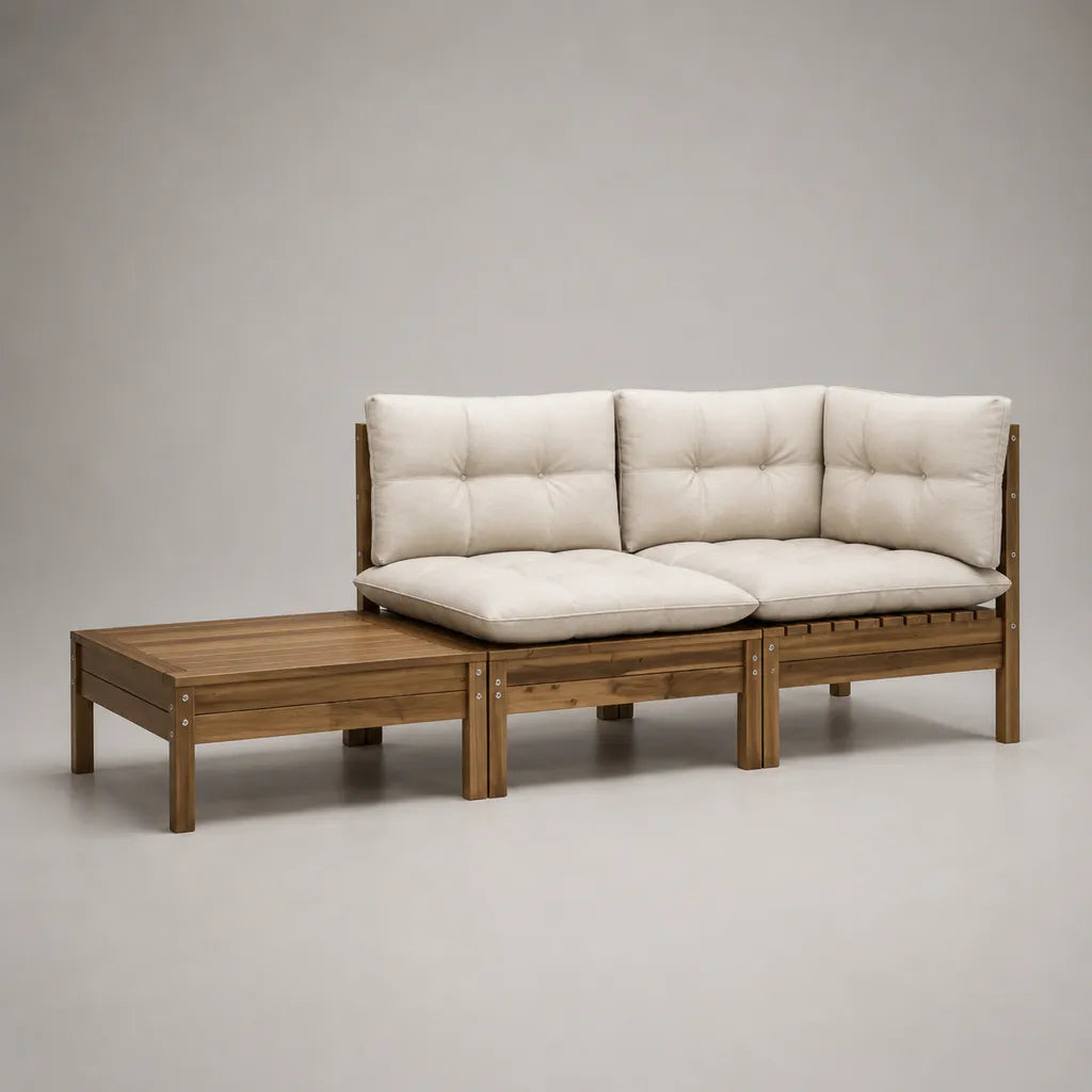 Kit de canapé-jardin 3 pièces pour 3 personnes avec table d'appoint en bois massif de pin, brun/blanc cassé, 225 × 70 × 75 cm