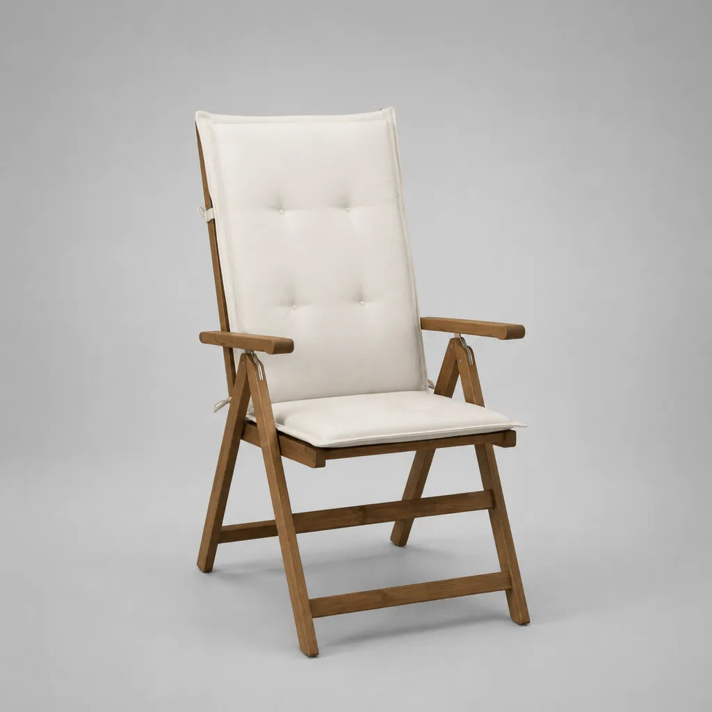 Chaise de jardin pliable avec accoudoirs en bois massif d'acacia, brun avec revêtement blanc cassé, 58 × 68 × 110 cm