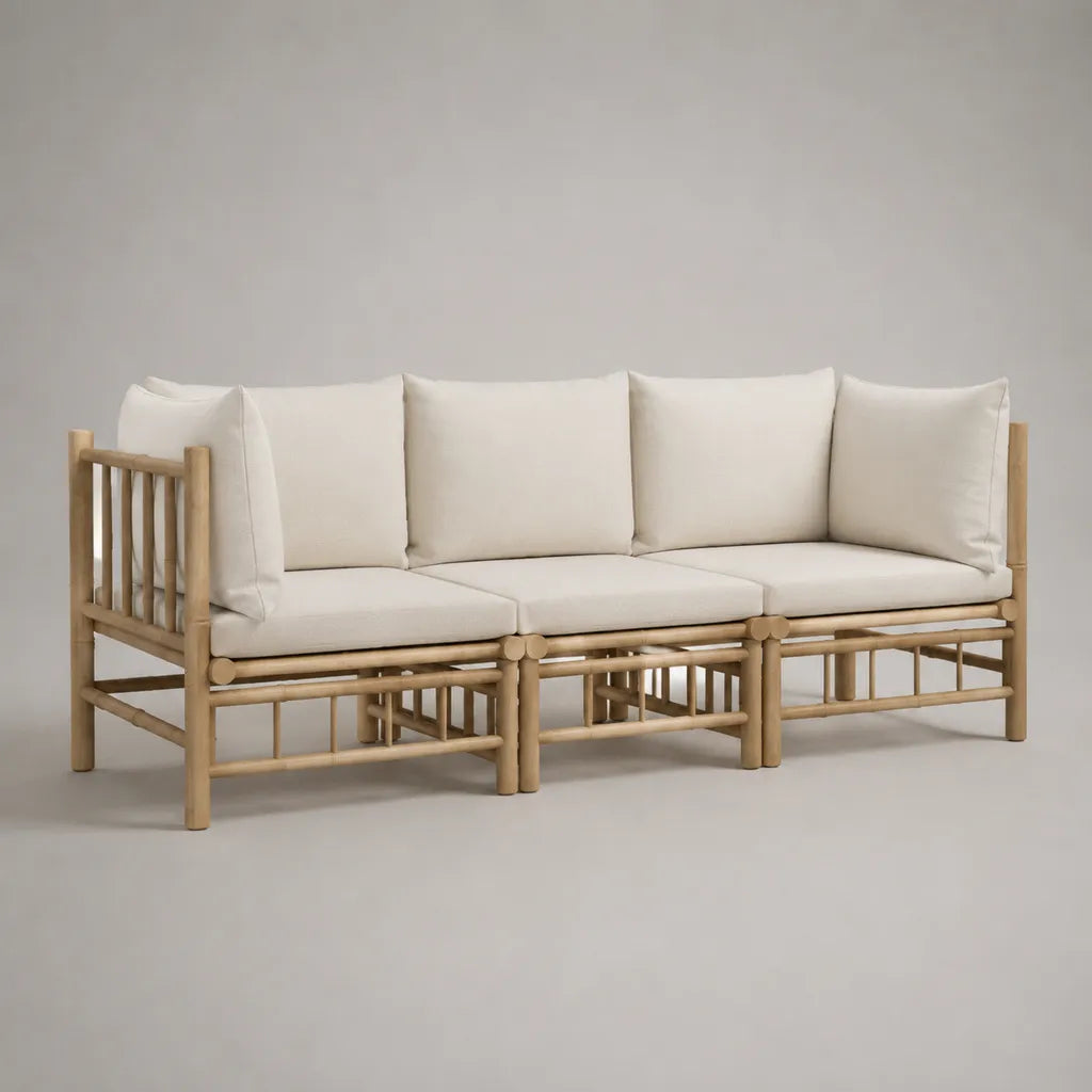 Canapé-jardin en 3 parties, 3 places en bambou avec coussin en polyester, couleurs naturelles/creme, 210 × 76 × 78 cm