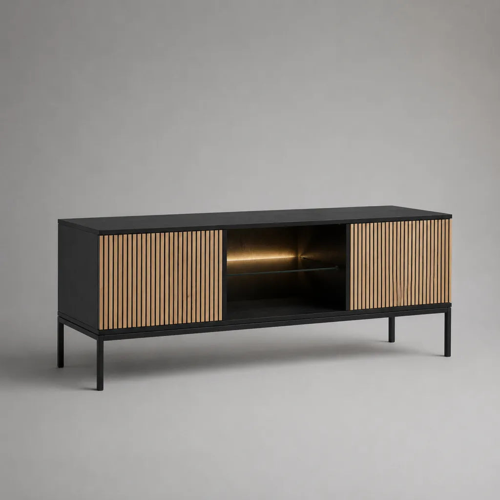 Armoire TV avec 2 portes lamelles, éclairage LED, fond en verre et structure en acier, noir/terre, 140 × 40 × 60 cm