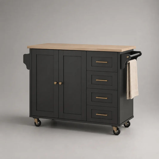 Chariot de cuisine en bois et MDF avec plan de travail, 4 tiroirs, 2 portes, porte-serviettes et roulettes, noir/nature, 120 × 45 × 90 cm