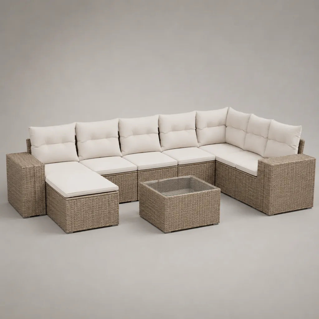 Set de 7 parties en rotin en PE avec rembourrage et table en verre, forme U, beige/creme blanc, env. 310 × 220 × 75 cm