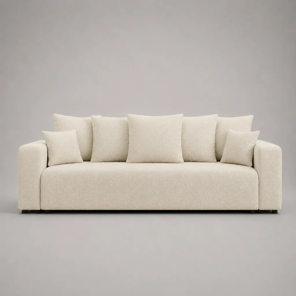 3-Sitzer-Sofa mit 7 Kissen, 8-teilig, aus Polyester-Bouclé, Cremeweiß, 220 × 95 × 85 cm