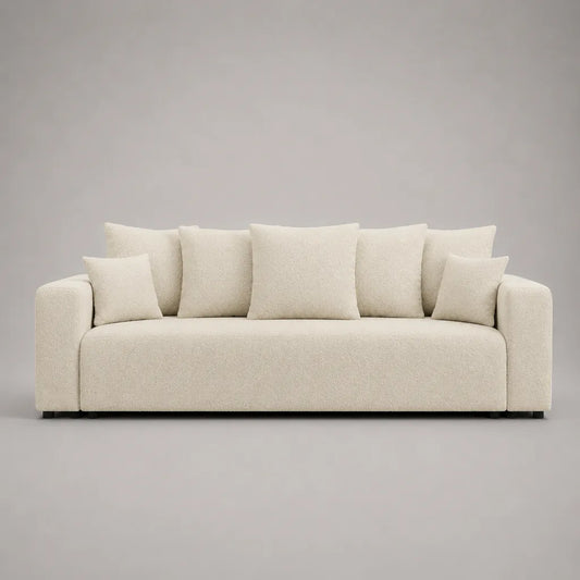 Canapé 3 places avec 7 coussins, 8 pièces, en Bouclé polyester, blanc cassé, 220 × 95 × 85 cm