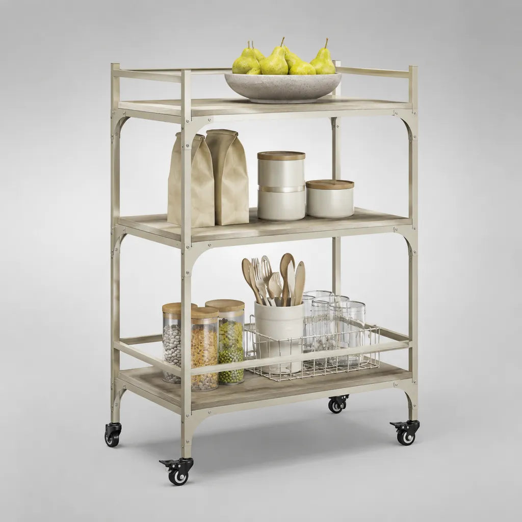 Desserte de cuisine en acier et MDF avec 3 piles, beige/noir, 80 × 40 × 90 cm