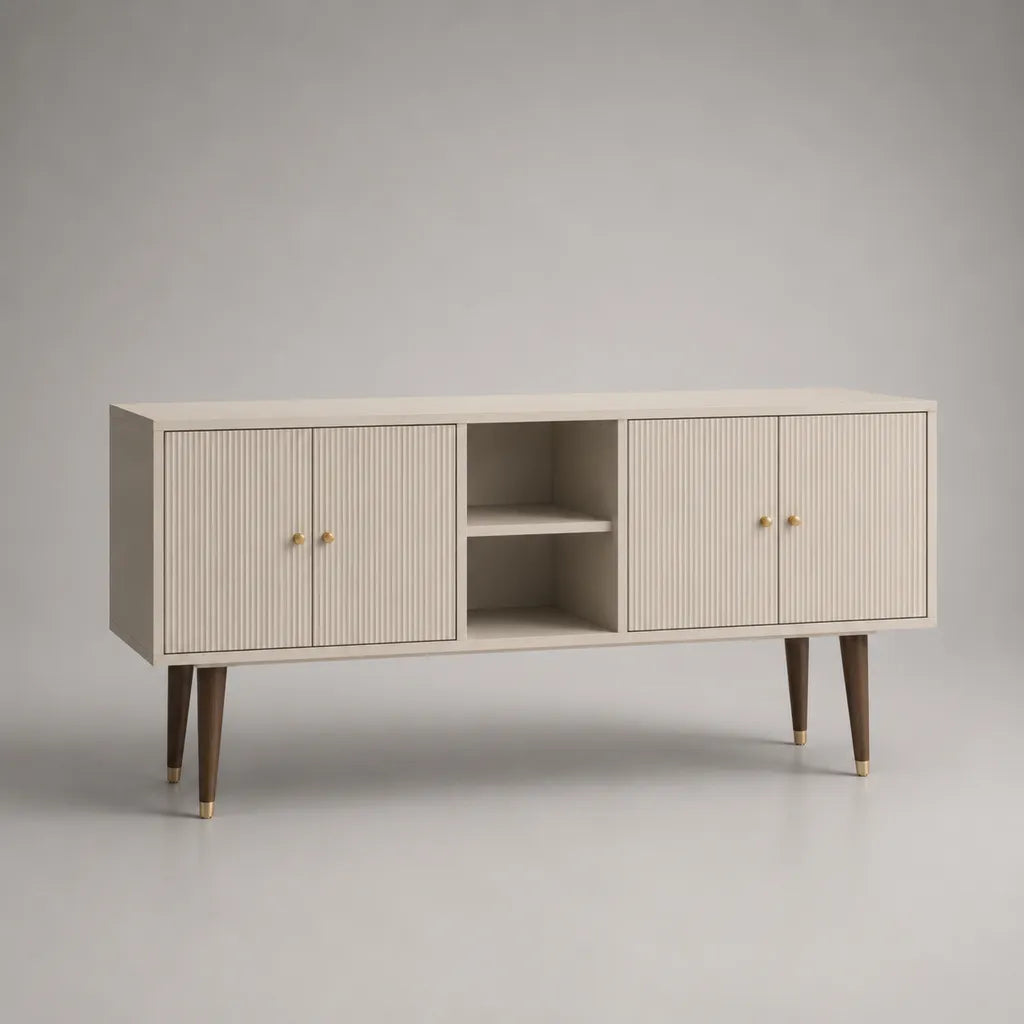 Meuble TV bas en MDF et panneau de particules avec 4 portes et 2 compartiments ouverts, beige/brun foncé/finition laiton, 160 × 40 × 75 cm