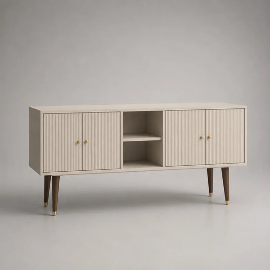 Meuble TV bas en MDF et panneau de particules avec 4 portes et 2 compartiments ouverts, beige/brun foncé/finition laiton, 160 × 40 × 75 cm