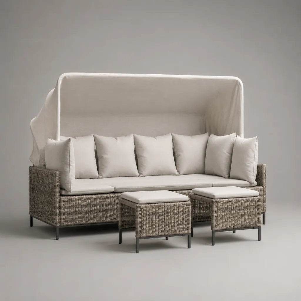 3-teiliges Gartensofa-Set mit Sonnendach aus PE-Rattan und Stahl, Grau/Cremeweiß, 220 × 145 × 190 cm