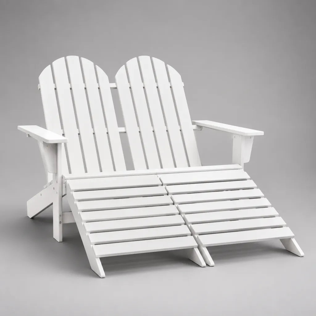 3-teiliges Adirondack-Gartenstuhl-Set aus Holz, Doppelsessel mit 2 Fußhockern, Weiß, 151 × 162 × 91 cm