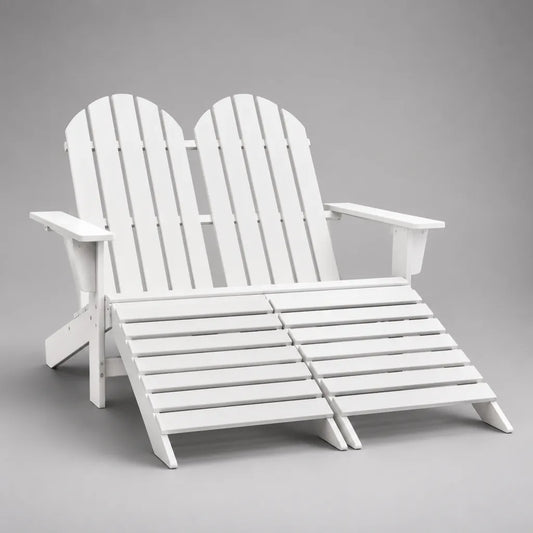 Lot de 3 pièces – Ensemble de chaises en bois, double fauteuil avec 2 tabourets, blanc, 151 × 162 × 91 cm