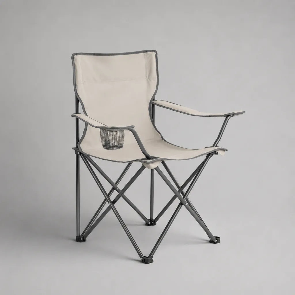 Chaise de camping pliante avec accoudoirs et porte-boissons, cadre en acier et tissu polyester, beige/gris, 82 × 52 × 88 cm