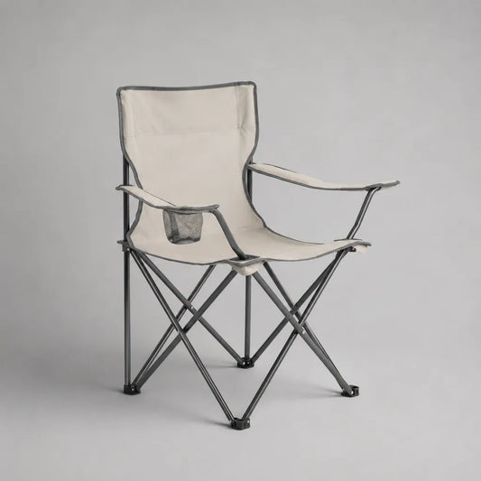 Chaise de camping pliante avec accoudoirs et porte-boissons, cadre en acier et tissu polyester, beige/gris, 82 × 52 × 88 cm