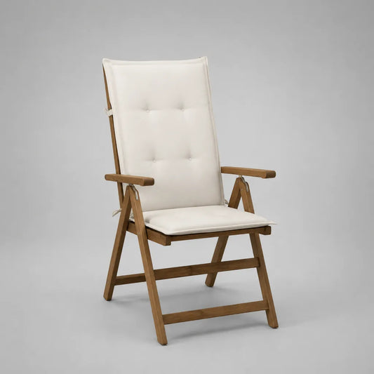 Chaise de jardin pliable avec accoudoirs en bois massif d'acacia, brun avec revêtement blanc cassé, 58 × 68 × 110 cm