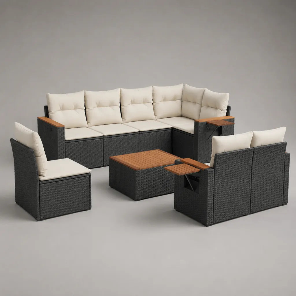 Set de salon de jardin 4 pièces avec canapé en forme de L en bois massif résine tressée PE et acacia, noir, blanc cassé et marron, canapé d'angle 260 × 200 × 73 cm