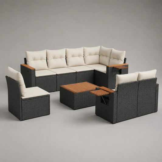 Set de salon de jardin 4 pièces avec canapé en forme de L en bois massif résine tressée PE et acacia, noir, blanc cassé et marron, canapé d'angle 260 × 200 × 73 cm