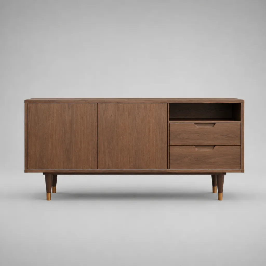 Meuble TV bas avec 2 portes, 2 tiroirs et compartiment ouvert, MDF avec placage de noix, brun de noix/couleur d'or, 160 × 40 × 75 cm