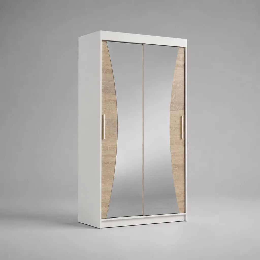 Armoire à 2 portes en panneau de particules et en verre miroir, blanc/soleil clair, 90 × 180 × 50 cm