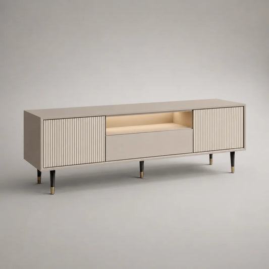 Meuble TV bas en MDF avec 2 portes, tiroir et fronts fripés, beige 180 × 40 × 60 cm