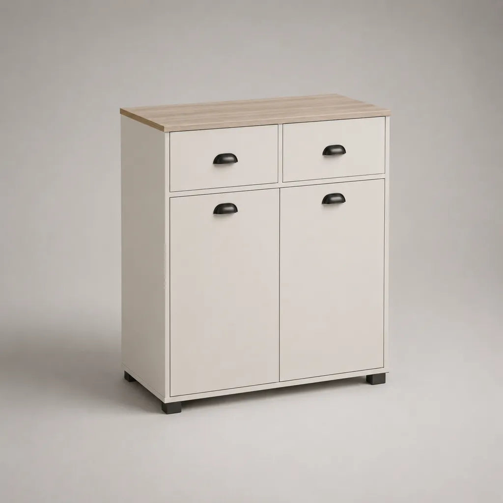 Buffet cuisine en bois avec 2 portes et 2 tiroirs, blanc/couleur de chêne, 80 × 40 × 100 cm