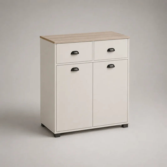 Buffet cuisine en bois avec 2 portes et 2 tiroirs, blanc/couleur de chêne, 80 × 40 × 100 cm