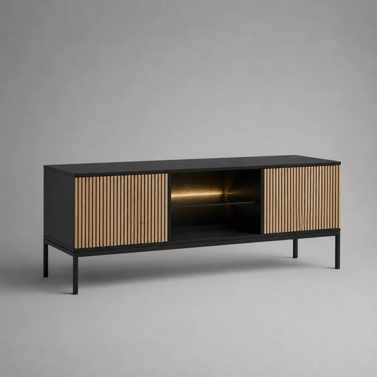 Armoire TV avec 2 portes lamelles, éclairage LED, fond en verre et structure en acier, noir/terre, 140 × 40 × 60 cm