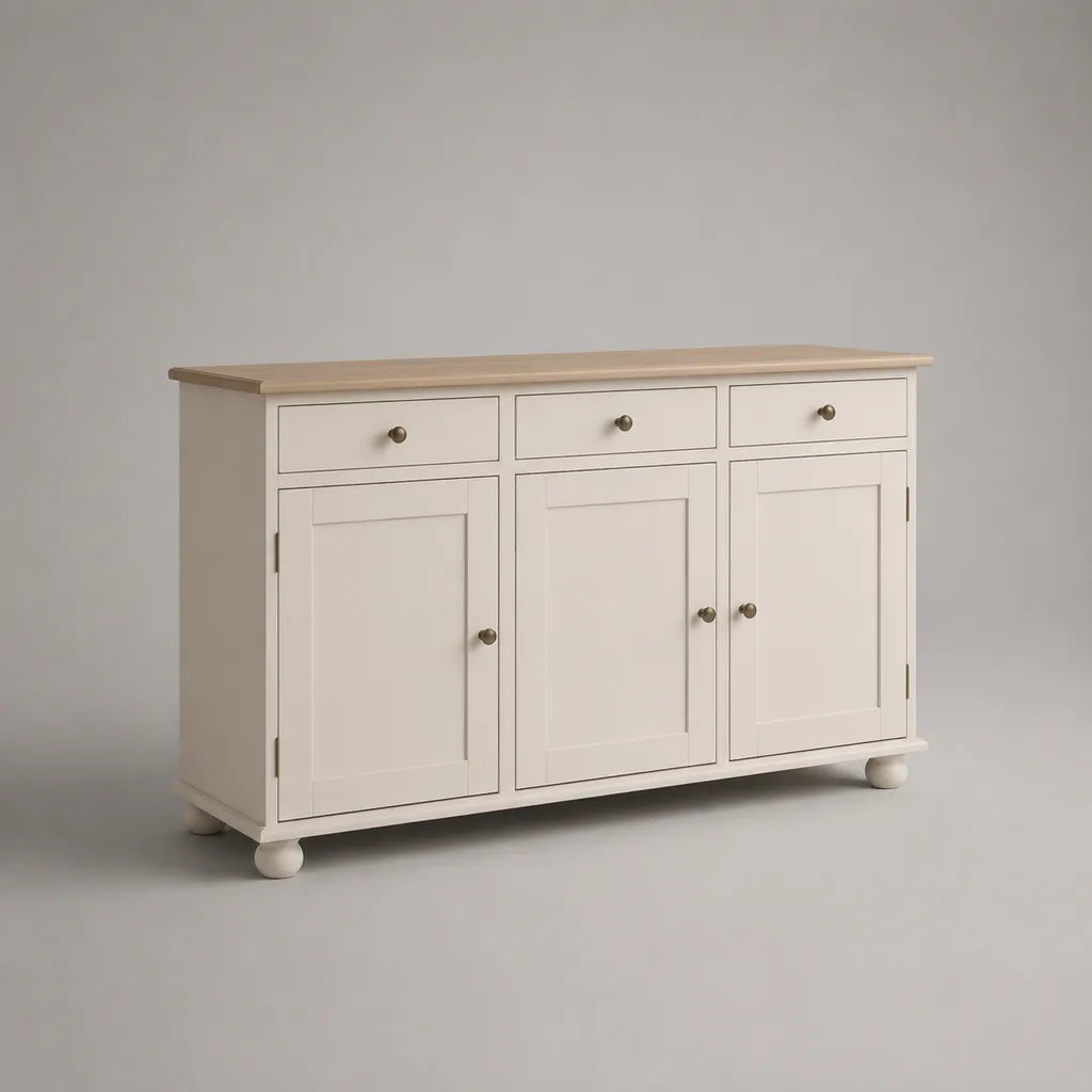 Buffet en MDF et placage de chêne avec 3 portes et 3 tiroirs, blanc cassé/brun clair, 120 × 40 × 85 cm