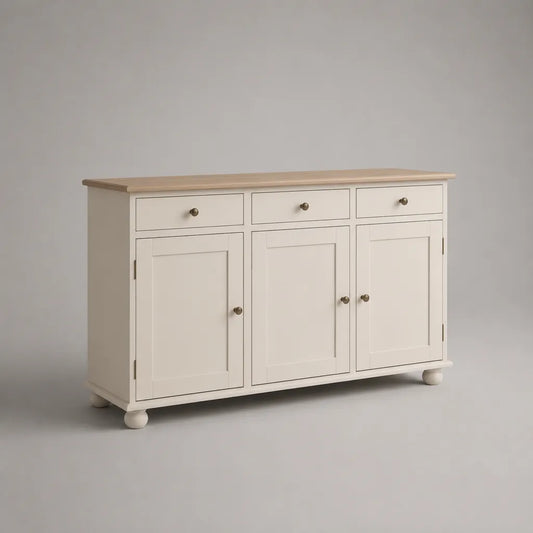 Buffet en MDF et placage de chêne avec 3 portes et 3 tiroirs, blanc cassé/brun clair, 120 × 40 × 85 cm