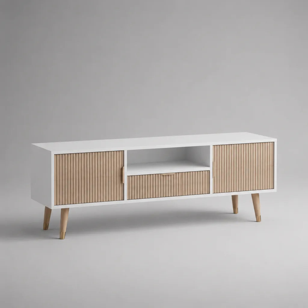 Meuble TV bas avec front lamelle, 2 portes, tiroir et compartiment ouvert, blanc/nature, 160 × 40 × 65 cm